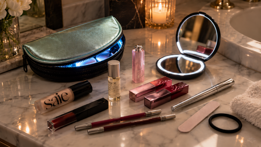 Luna lighted makeup bag with beauty essentials and Vega rechargeable LED compact mirror