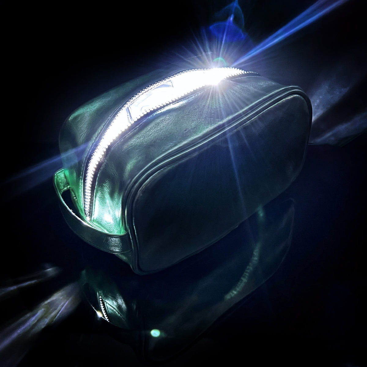 Open Mint green Aurora LED makeup bag with built-in lights glowing and illuminating the interior.