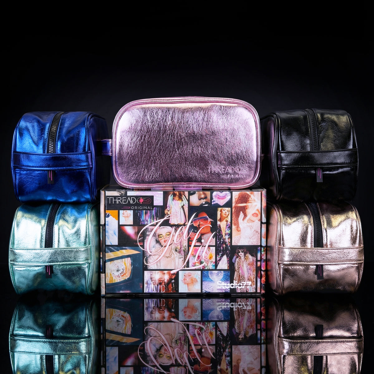 Thread Original Aurora LED travel makeup organizers in all five colors displayed with collector gift box.