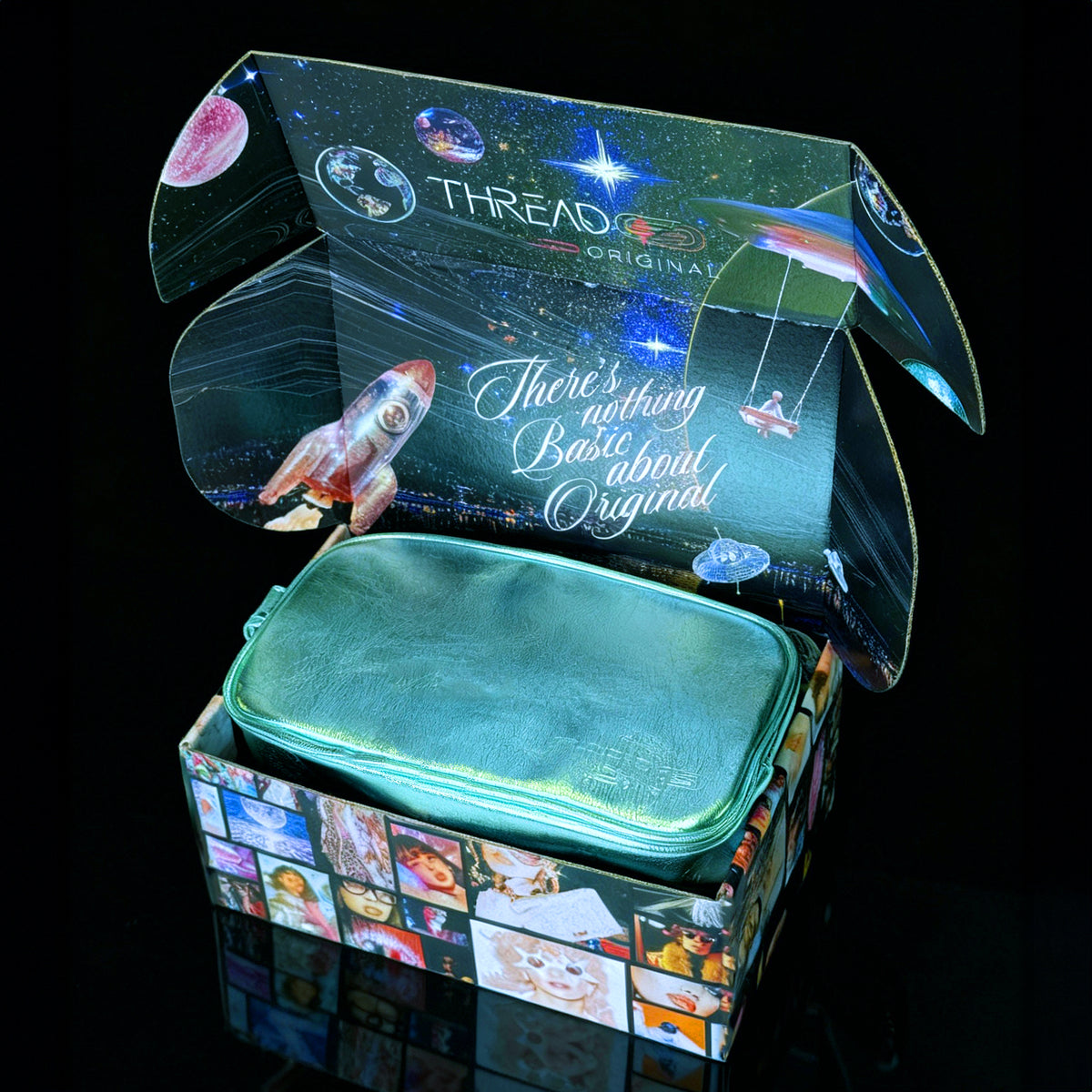 Mint green Aurora LED makeup bag displayed inside a Thread Original box.
