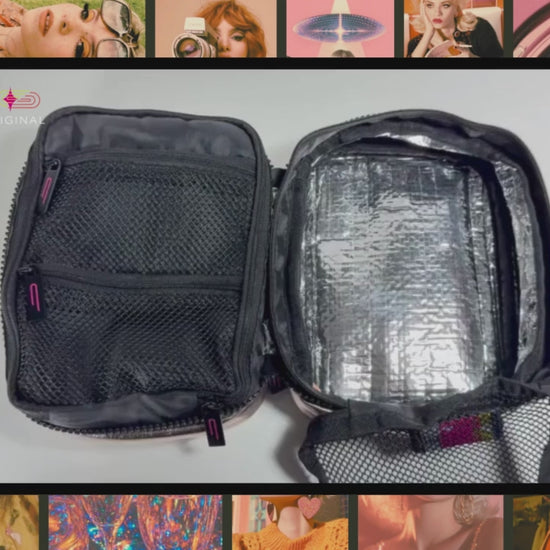 Open Nova makeup bag demonstrating how easily the silver wipe-clean interior lining can be cleaned.