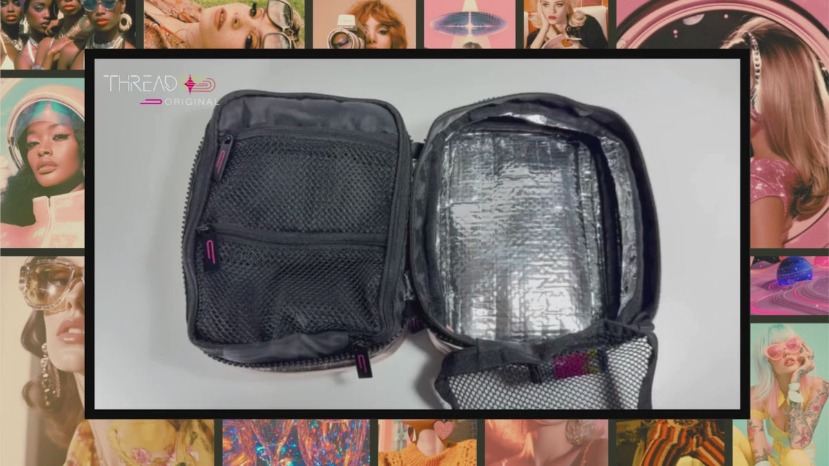 Open Nova makeup bag demonstrating how easily the silver wipe-clean interior lining can be cleaned.