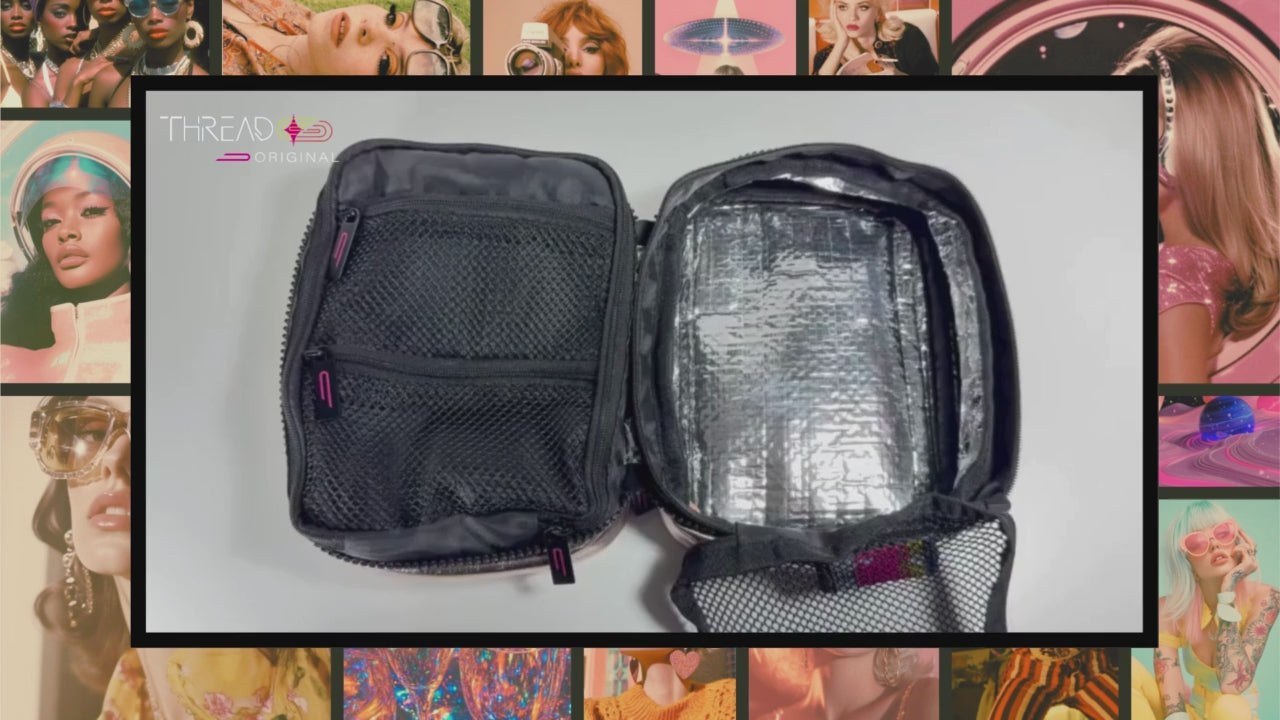 Open Nova makeup bag demonstrating how easily the silver wipe-clean interior lining can be cleaned.